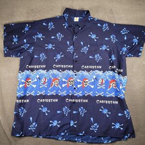 Rima Hawaiian Shirt Skulls Pirates Caribbean Button‎ Up Blue Mens Size 3XL